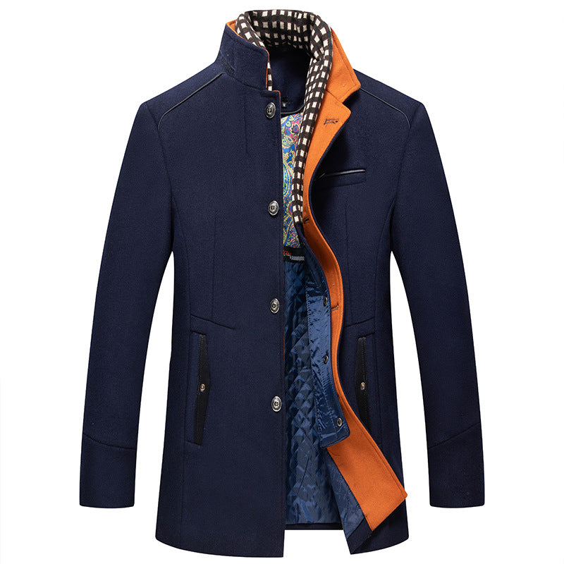 Men's Winter Thick Wool Blend Coat With Detachable Scarf