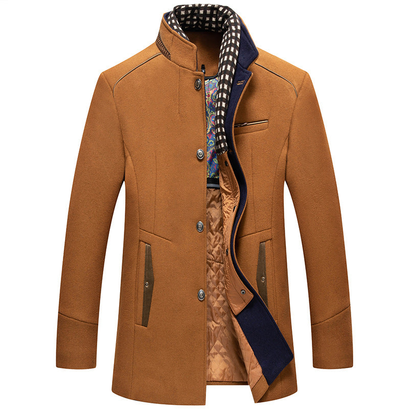 Men's Winter Thick Wool Blend Coat With Detachable Scarf