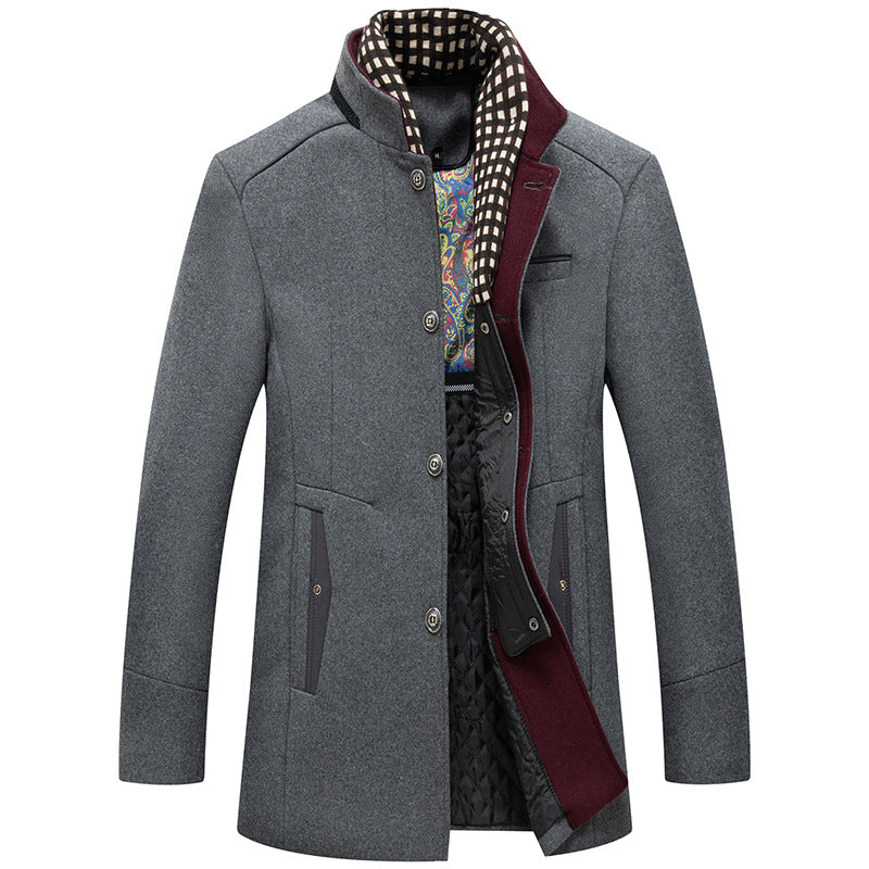 Men's Winter Thick Wool Blend Coat With Detachable Scarf