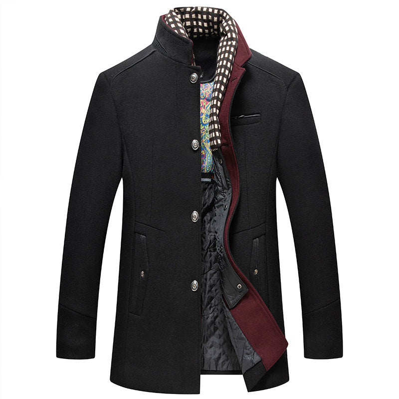 Men's Winter Thick Wool Blend Coat With Detachable Scarf