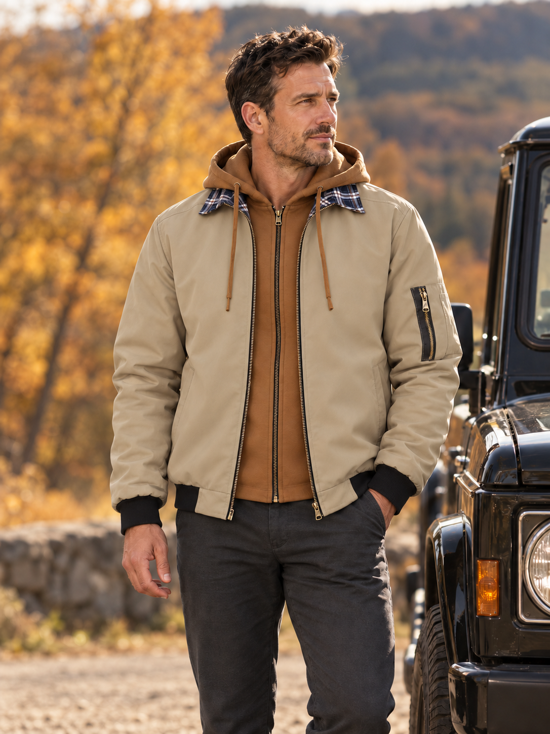 Vintage Layered Hooded Bomber Jacket