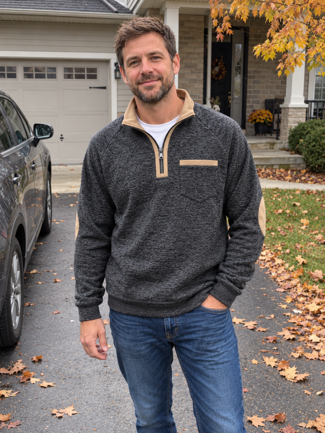 Vintage Thick Textured Quarter-Zip Fleece Sweatshirt
