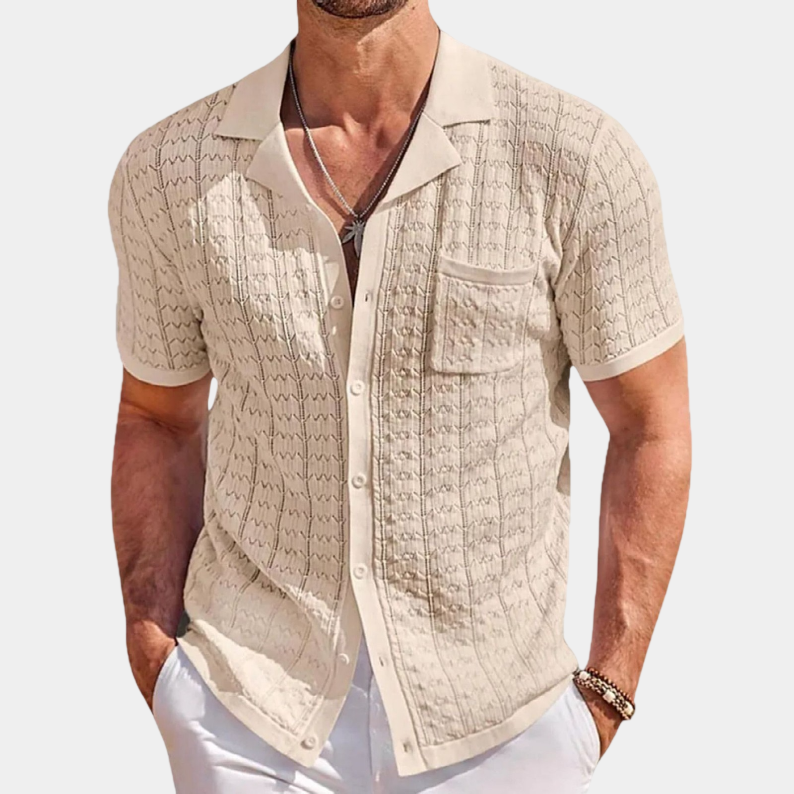 Vintage Textured Knit Cuban Collar Shirt