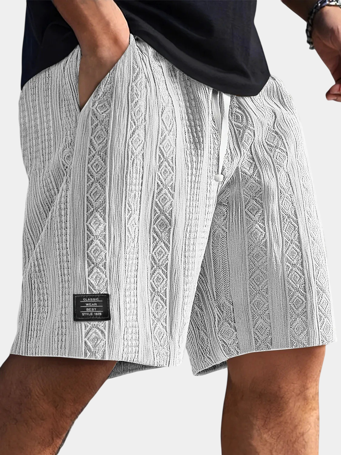 Textured Jacquard Drawstring Casual Shorts