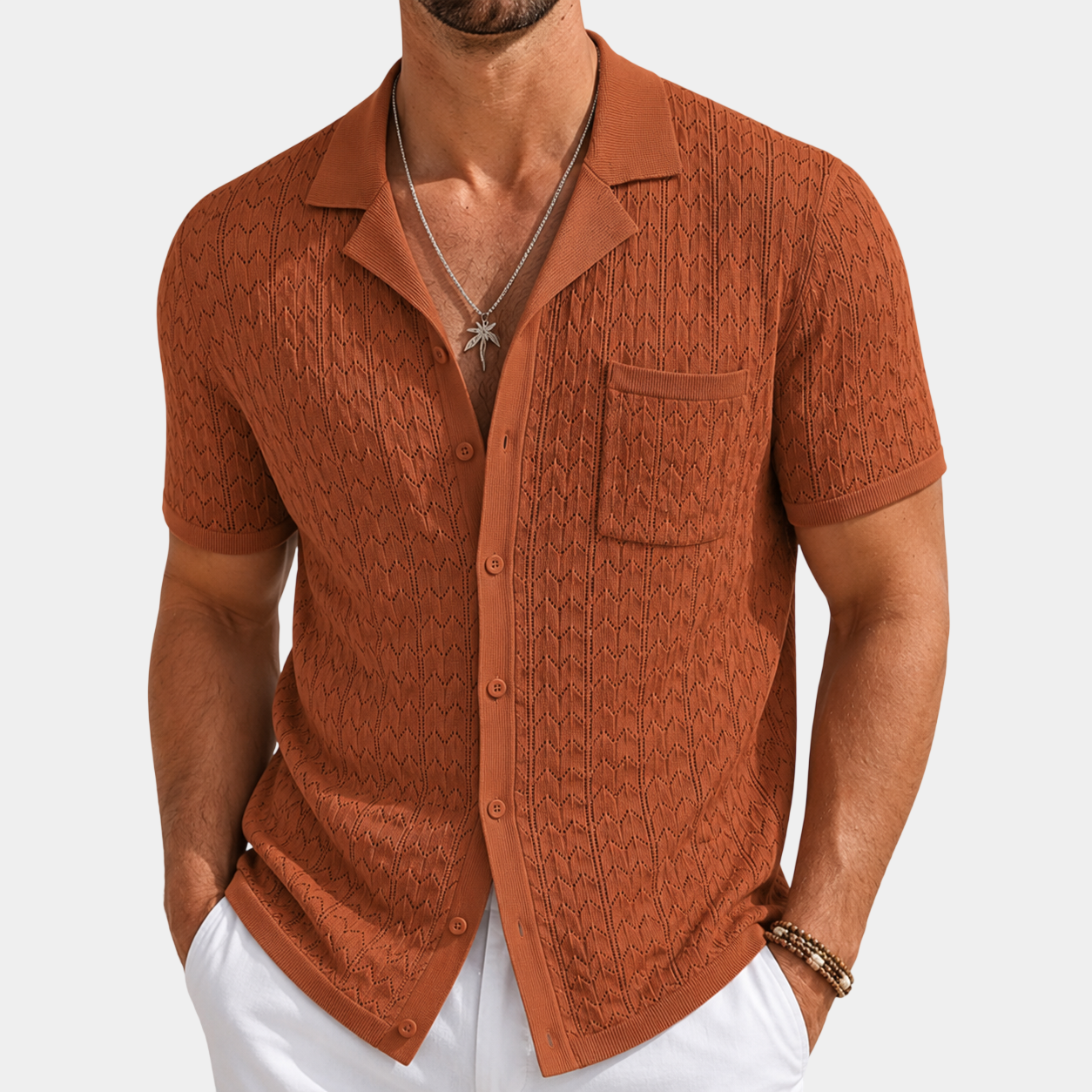 Vintage Textured Knit Cuban Collar Shirt