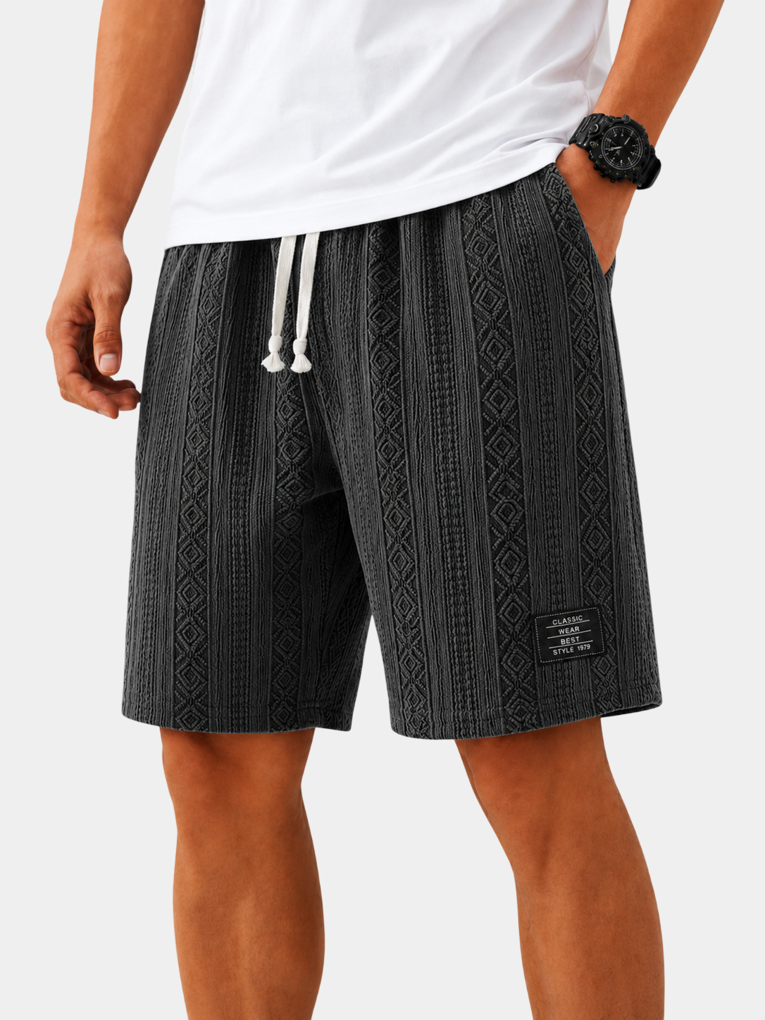 Textured Jacquard Drawstring Casual Shorts