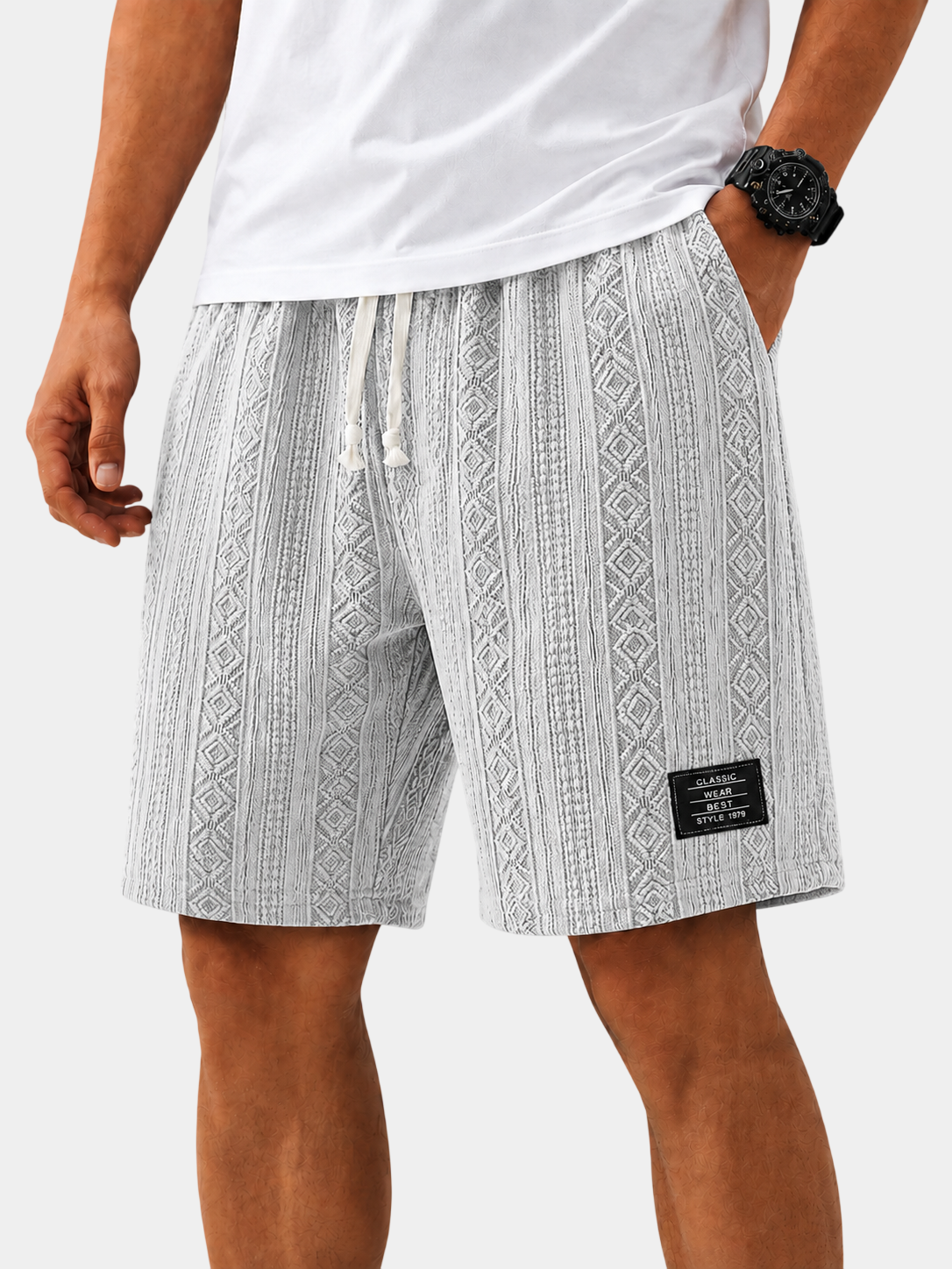 Textured Jacquard Drawstring Casual Shorts