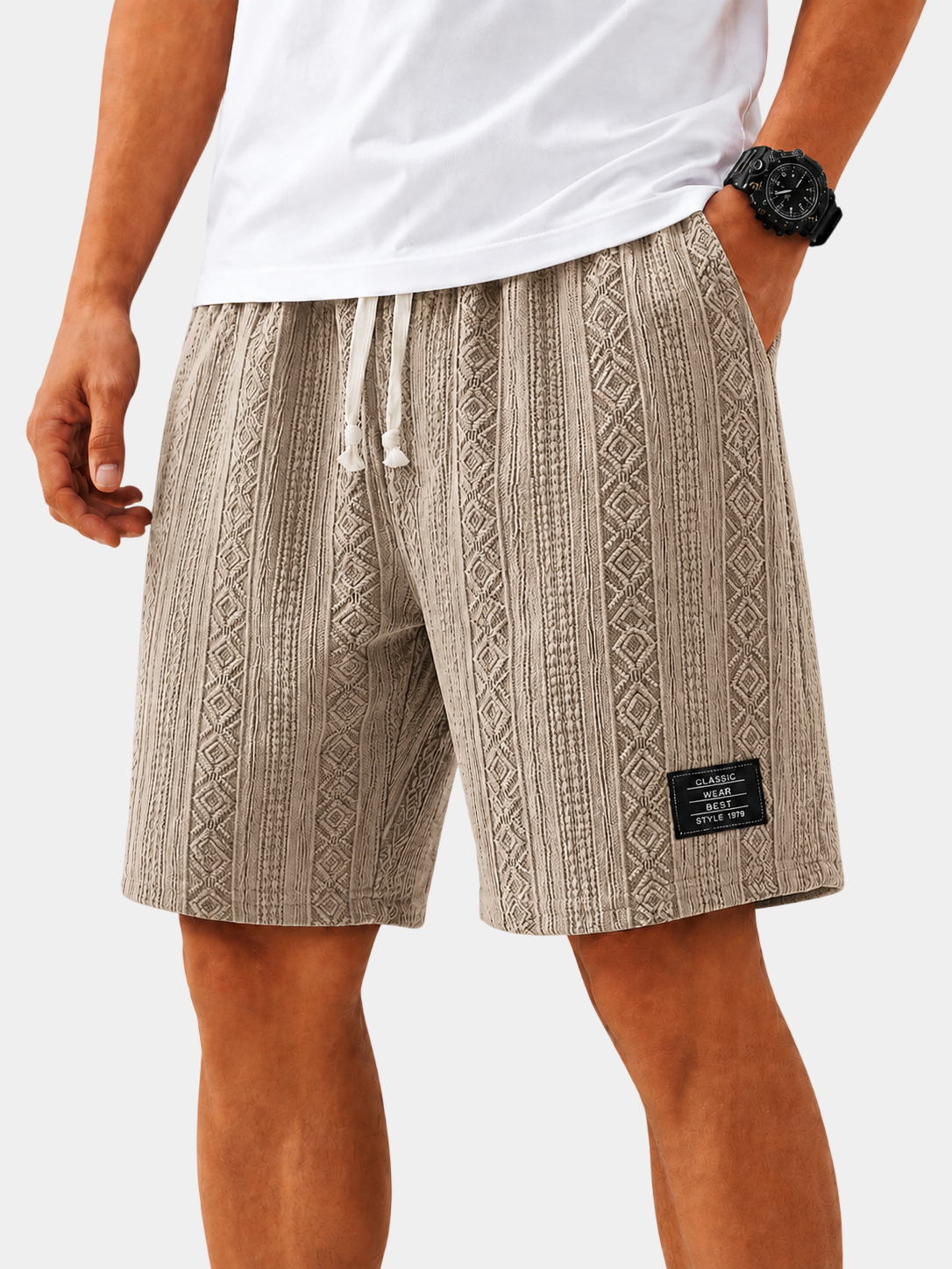 Textured Jacquard Drawstring Casual Shorts