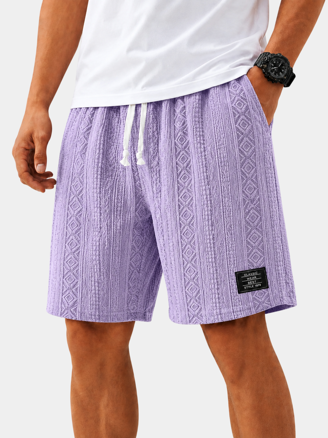 Textured Jacquard Drawstring Casual Shorts