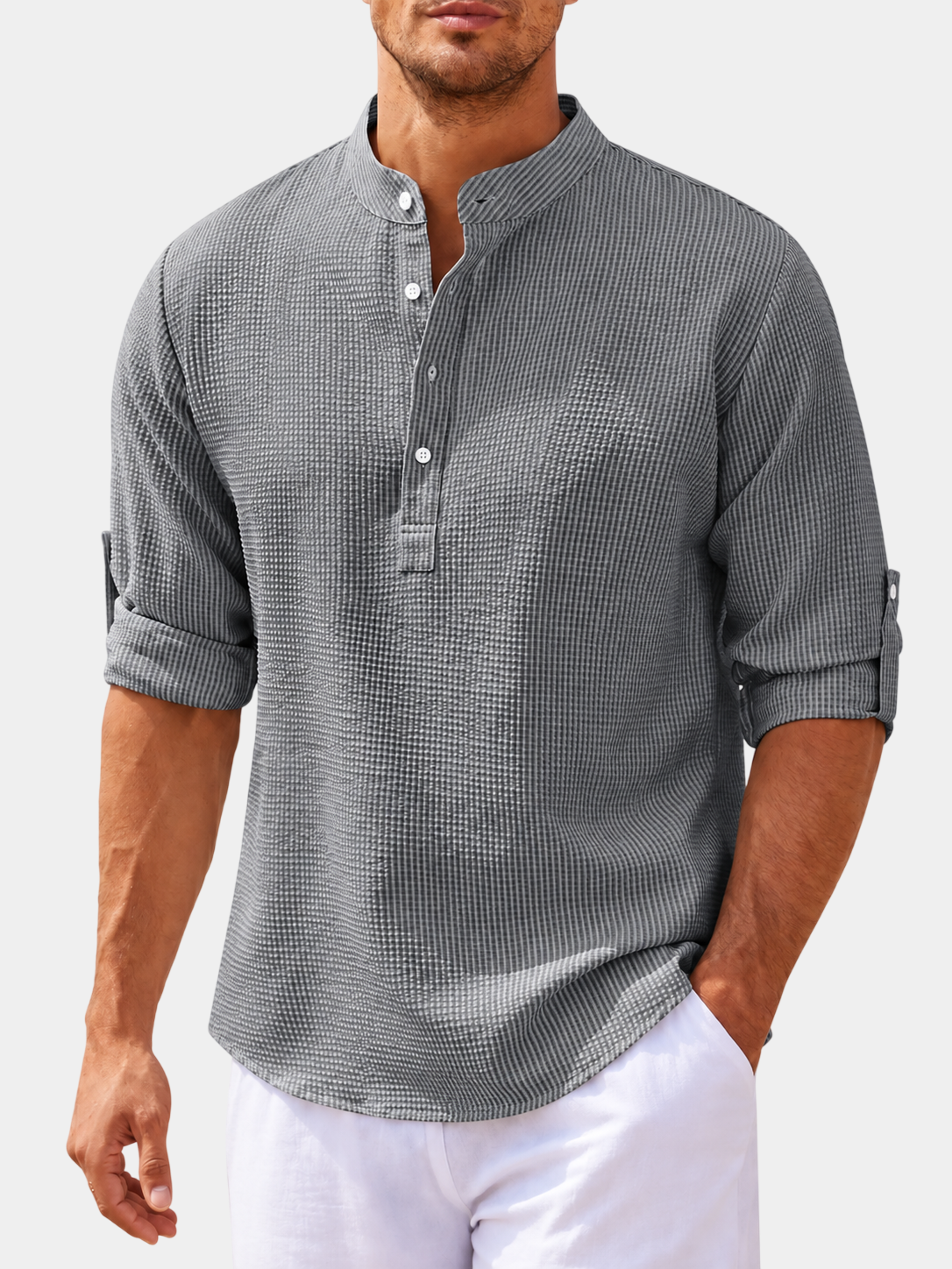 Pineapple-Textured Cotton Blend Stand Collar Shirt
