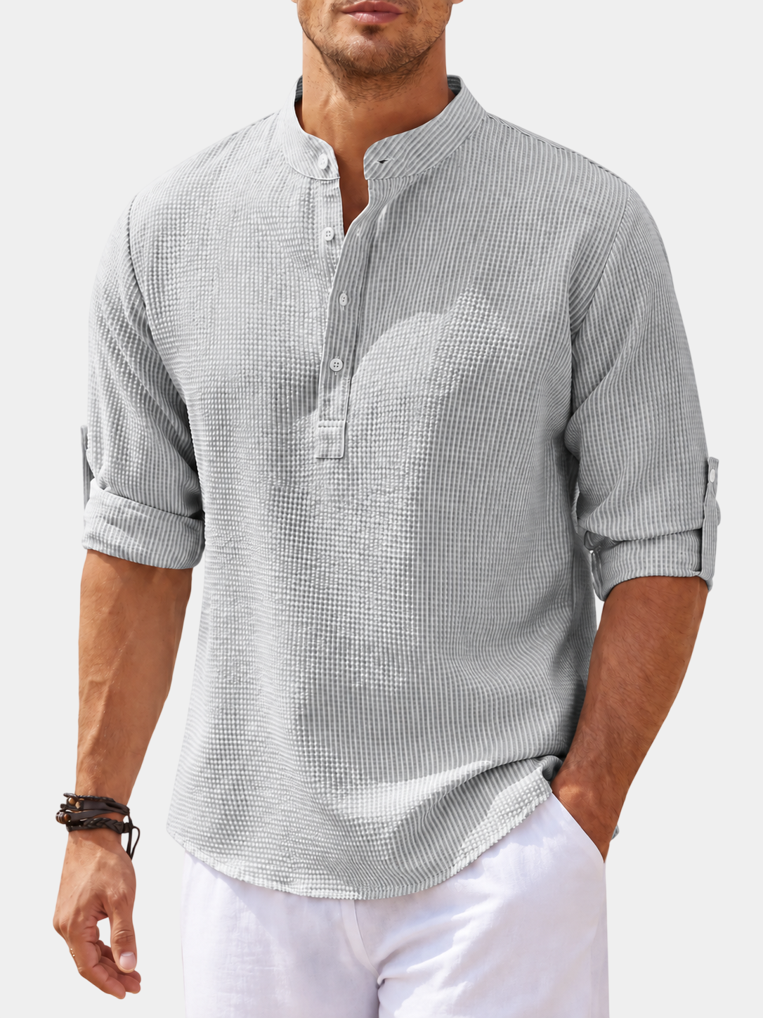 Pineapple-Textured Cotton Blend Stand Collar Shirt