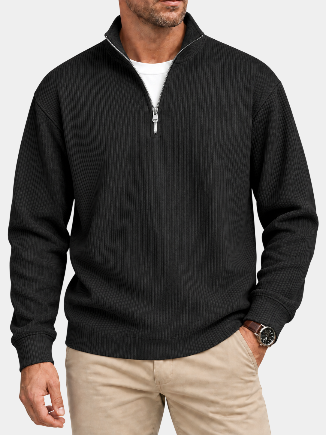 Textured Stand Collar Quarter-Zip Pullover Sweatshirt