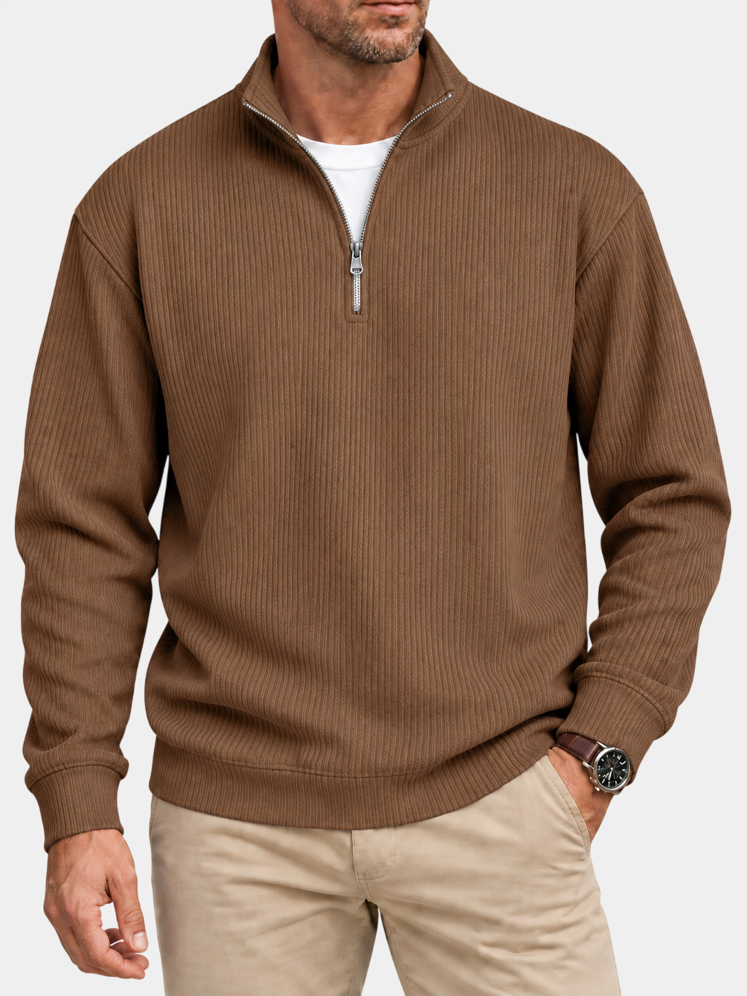 Textured Stand Collar Quarter-Zip Pullover Sweatshirt
