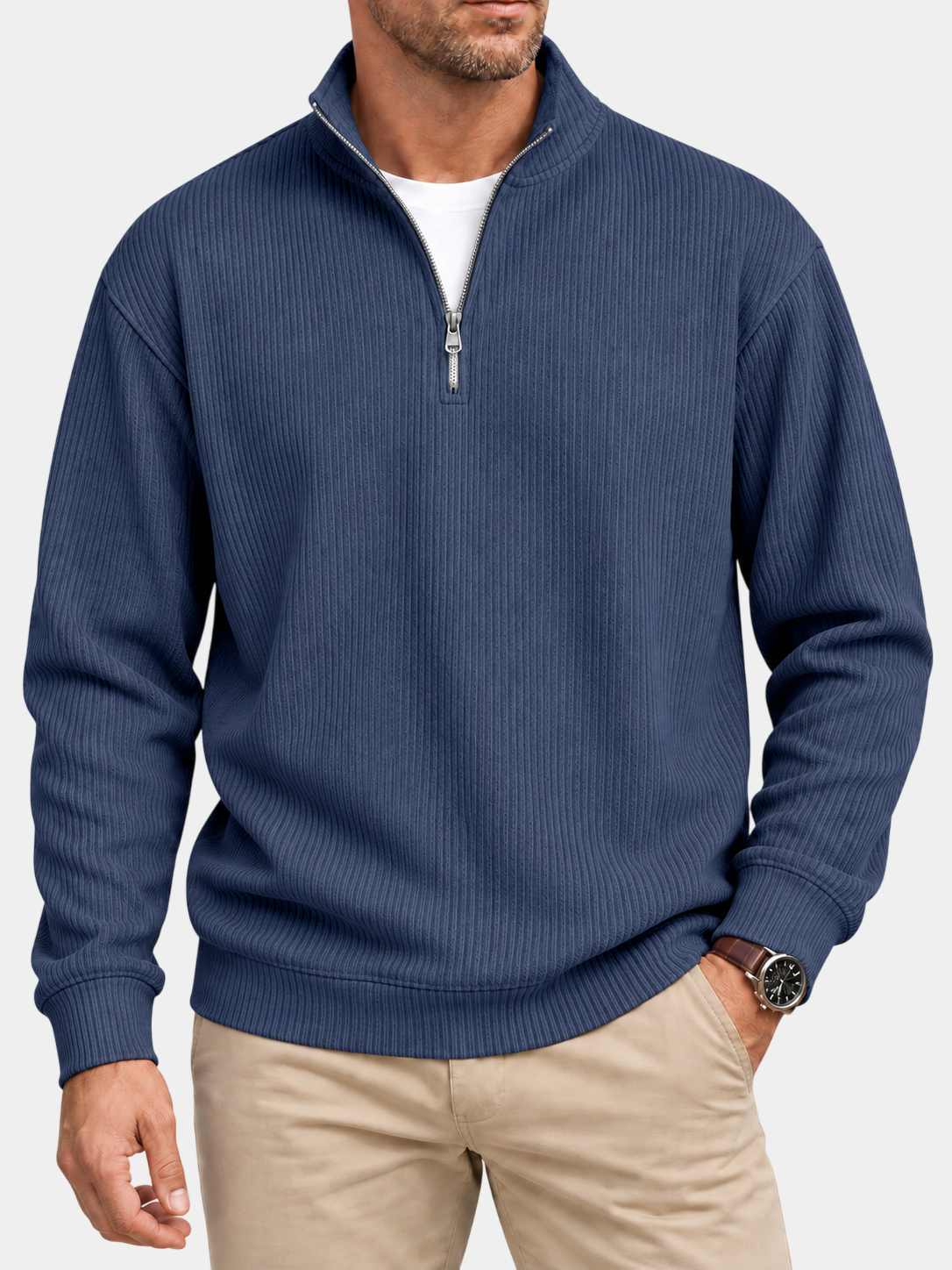 Textured Stand Collar Quarter-Zip Pullover Sweatshirt