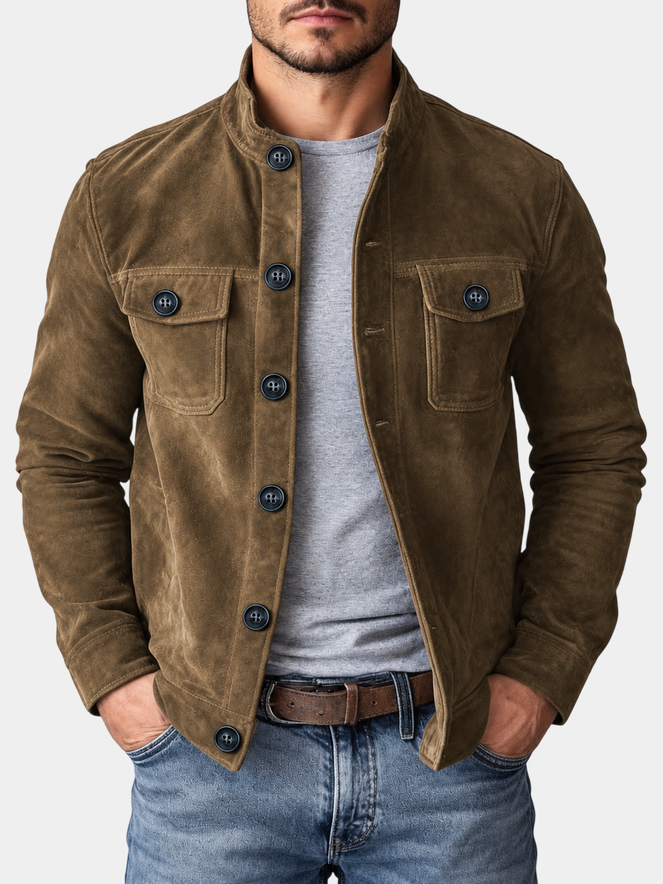 Vintage Stand Collar Pocket Suede Jacket