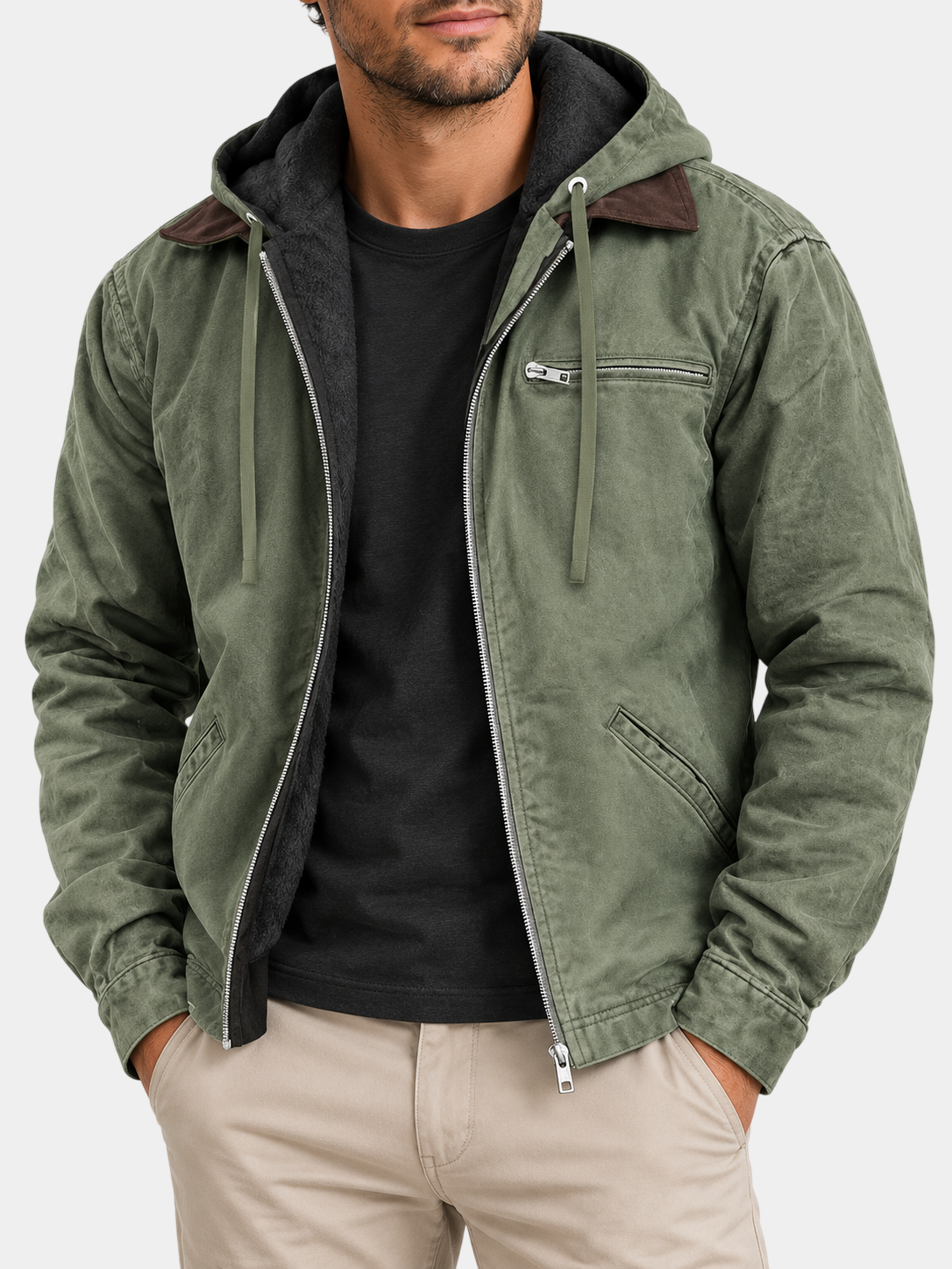 Vintage Fleece-Lined Cotton Hooded Zip Jacket
