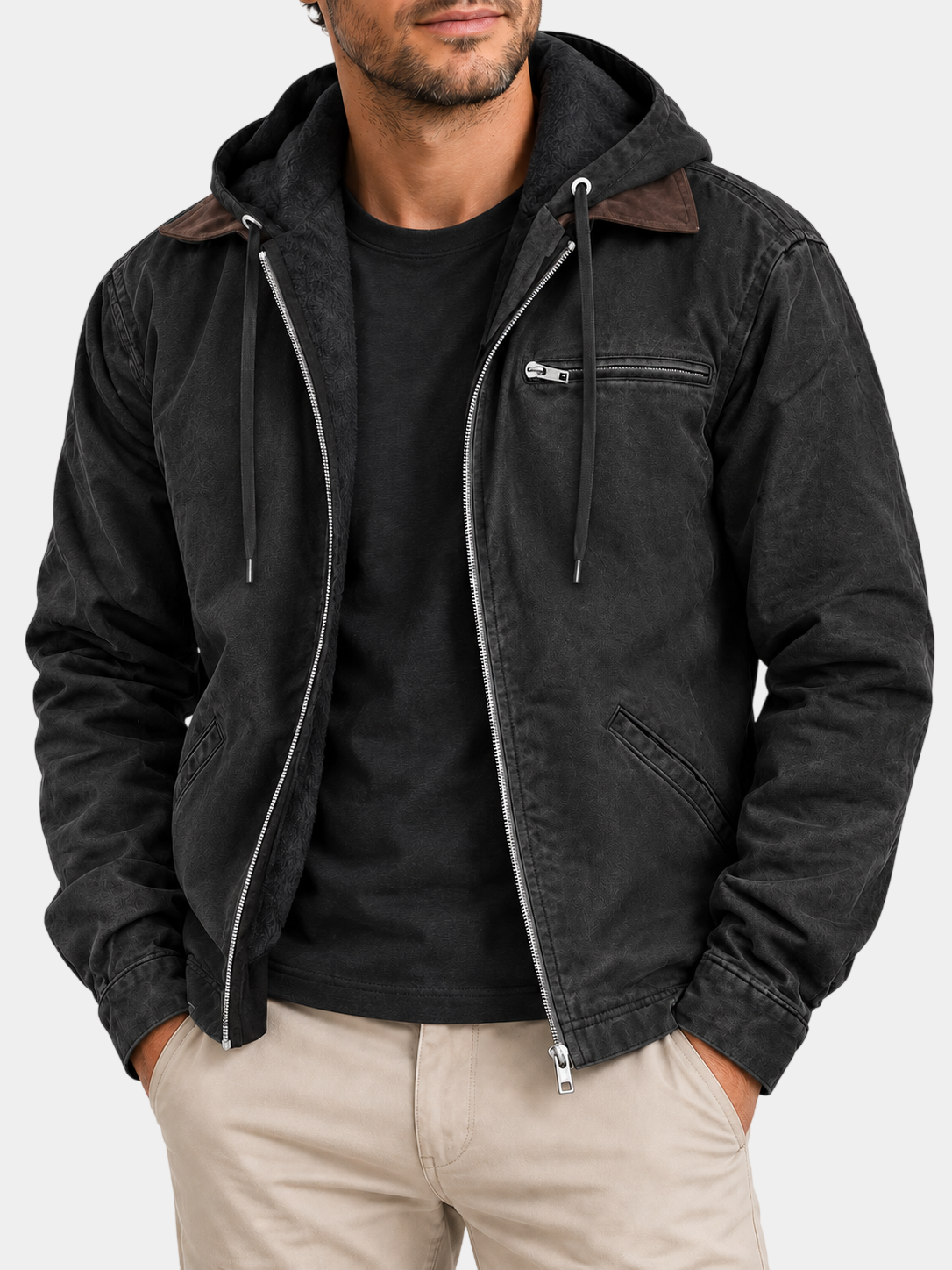 Vintage Fleece-Lined Cotton Hooded Zip Jacket