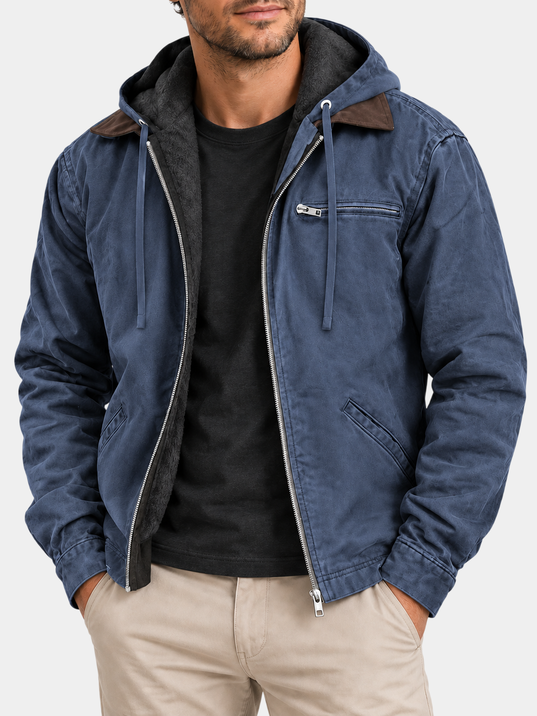 Vintage Fleece-Lined Cotton Hooded Zip Jacket