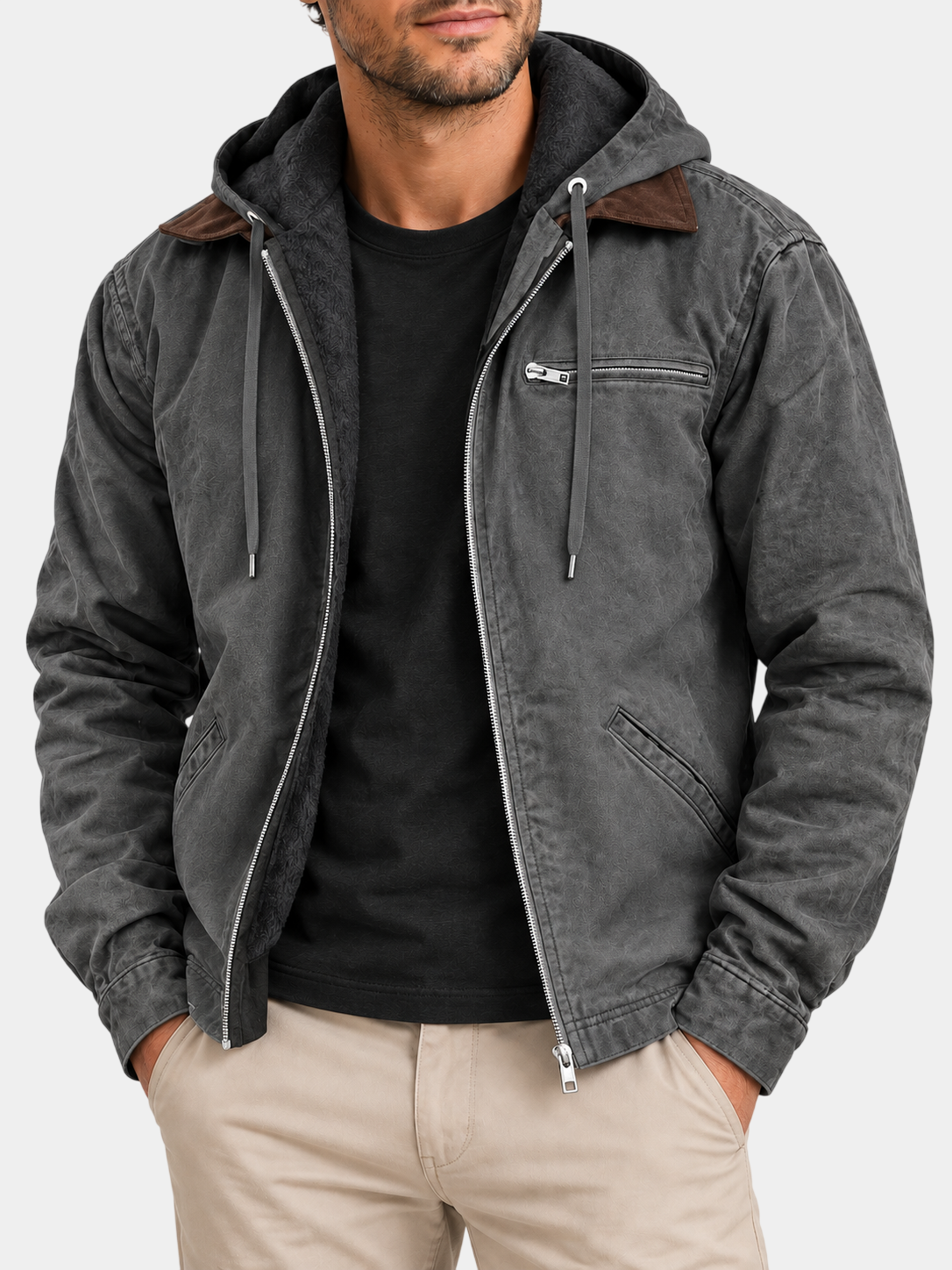 Vintage Fleece-Lined Cotton Hooded Zip Jacket