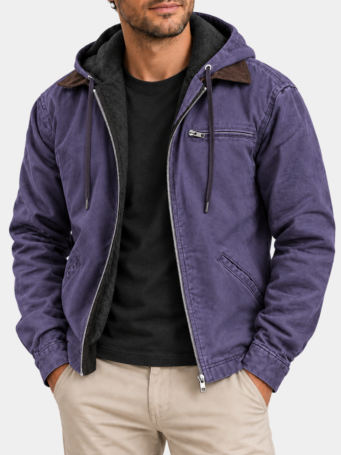 Vintage Fleece-Lined Cotton Hooded Zip Jacket