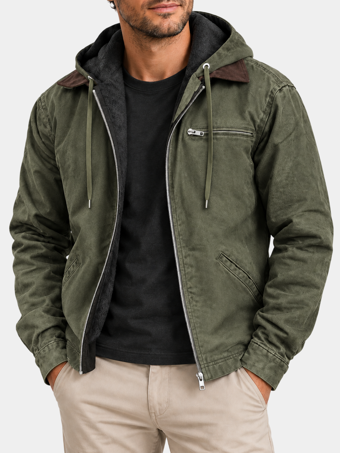 Vintage Fleece-Lined Cotton Hooded Zip Jacket