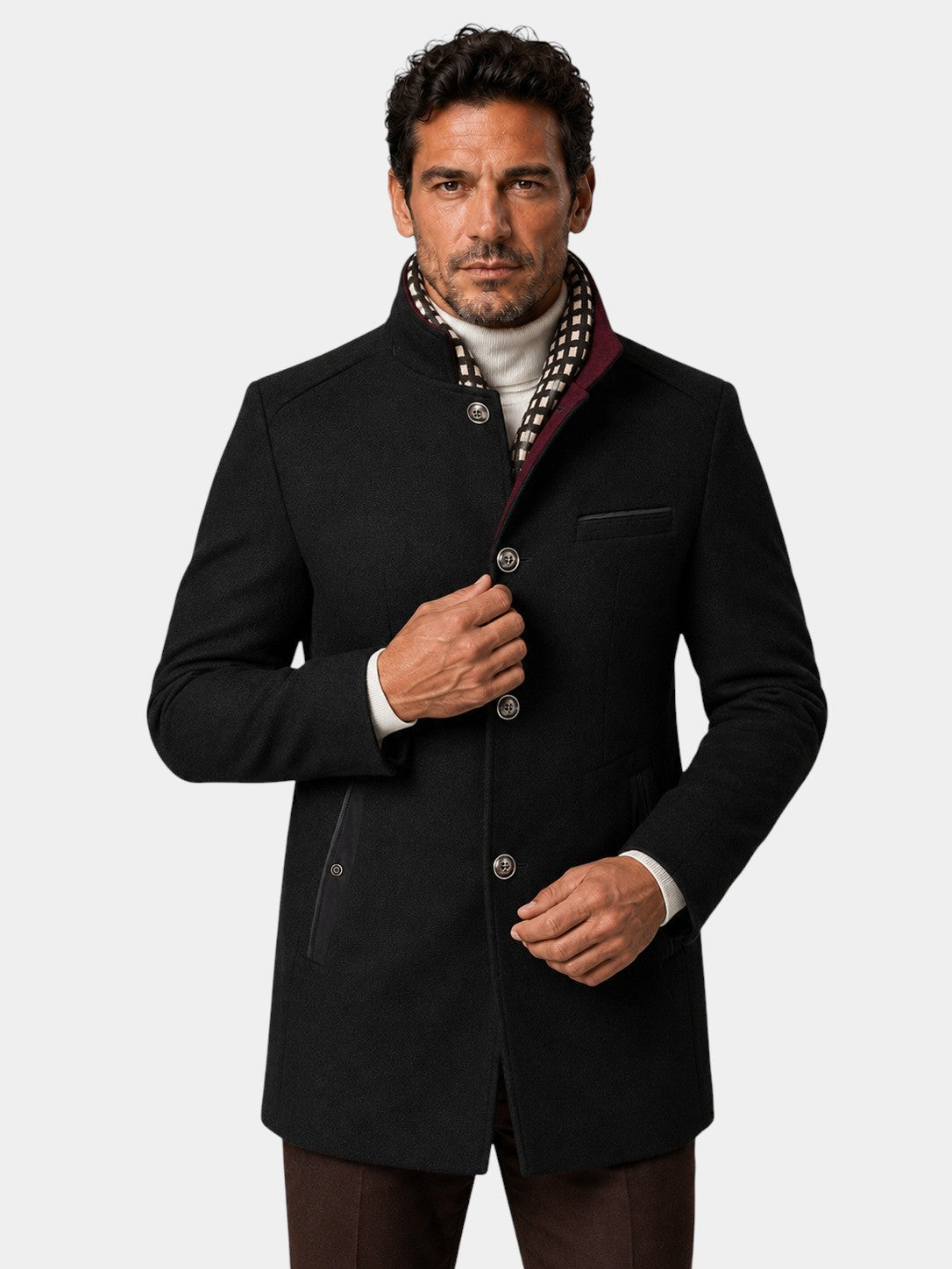 Urban Stand Collar Wool Coat With Detachable Scarf