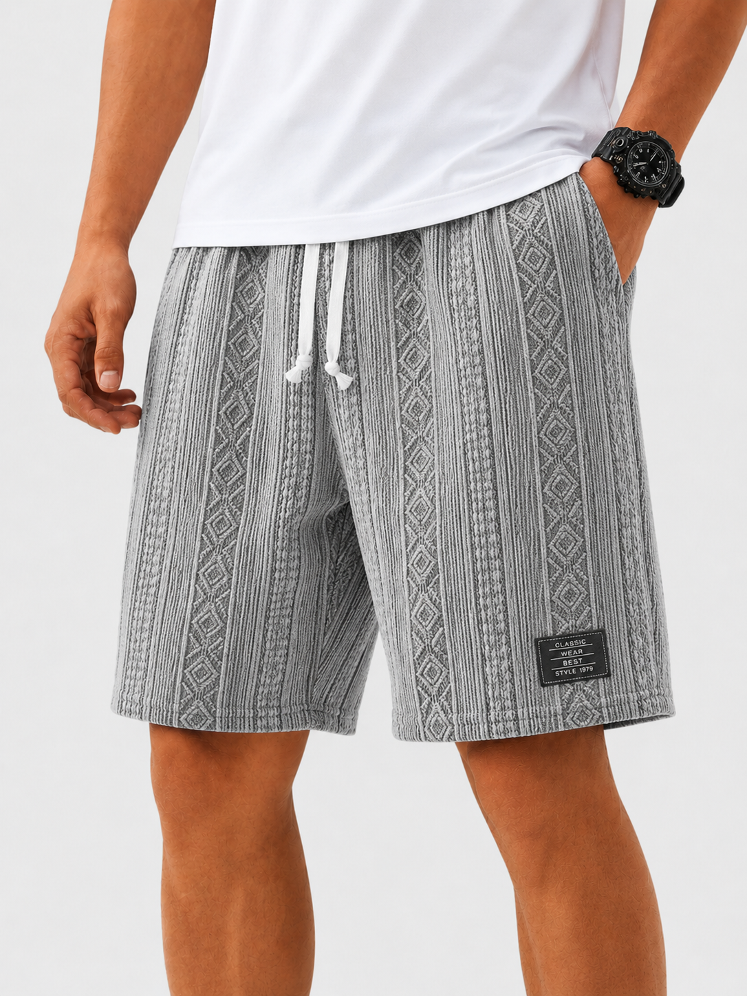 Textured Jacquard Drawstring Casual Shorts