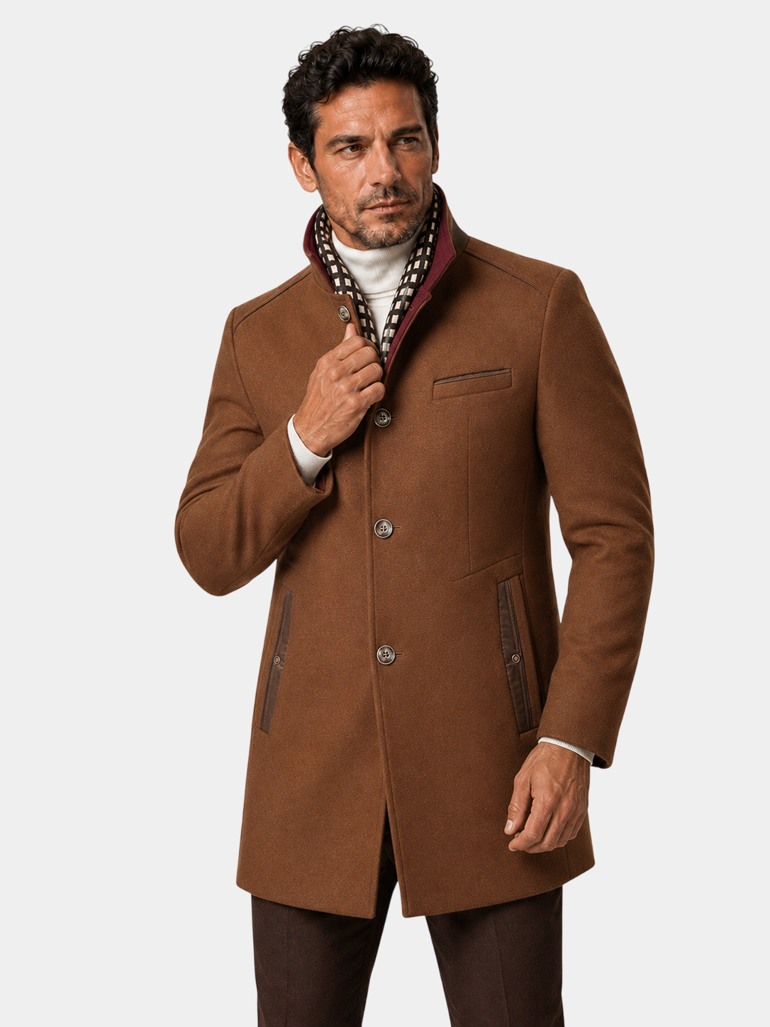 Urban Stand Collar Wool Coat With Detachable Scarf