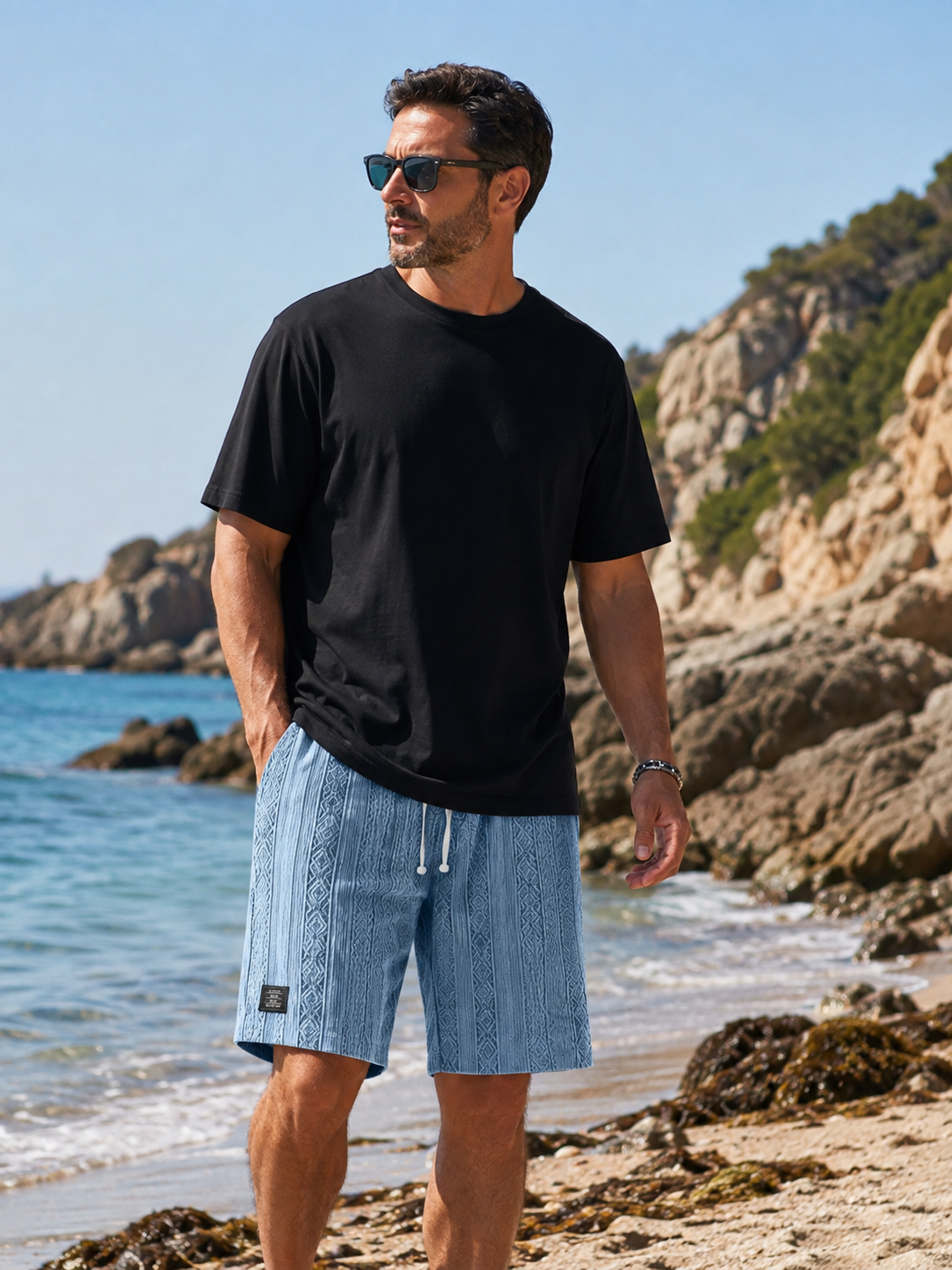 Textured Jacquard Drawstring Casual Shorts