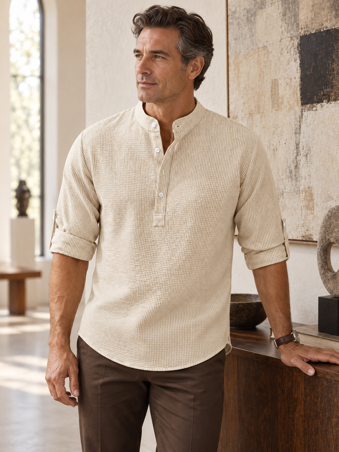 Pineapple-Textured Cotton Blend Stand Collar Shirt