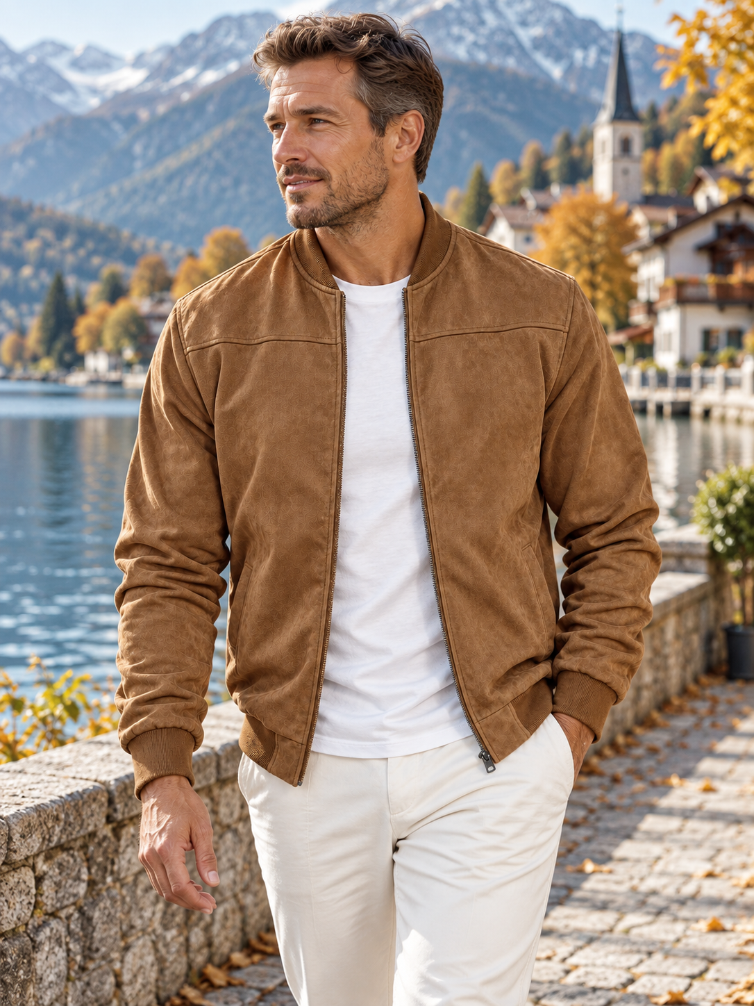Lightweight Suede Stand Collar Zip Suede Jacket