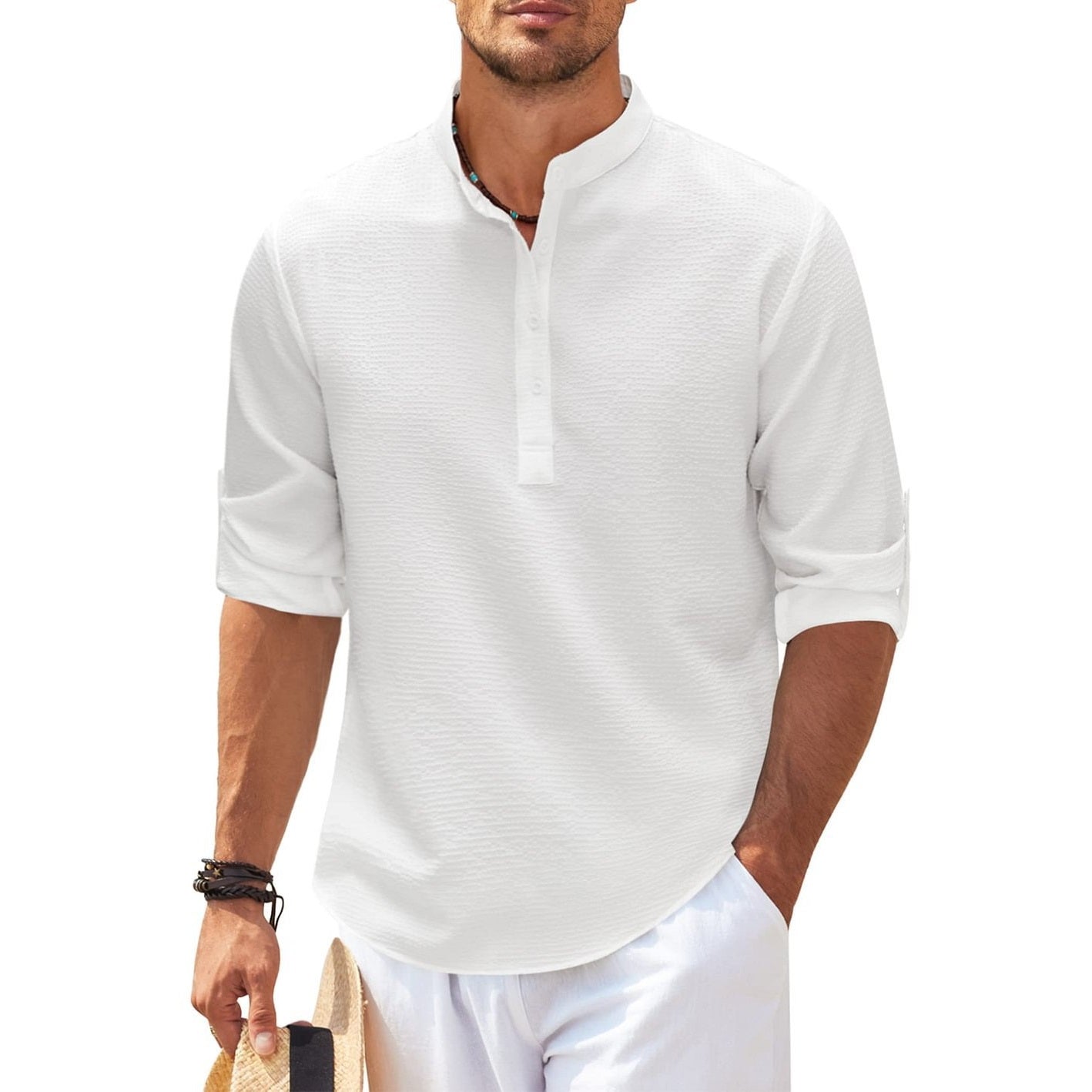 Men's Breathable Cotton Waffle Henley Long Sleeve Shirt