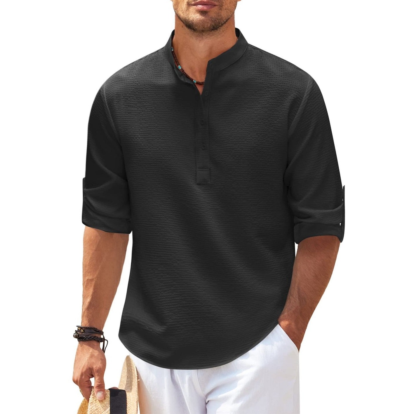 Men's Breathable Cotton Waffle Henley Long Sleeve Shirt