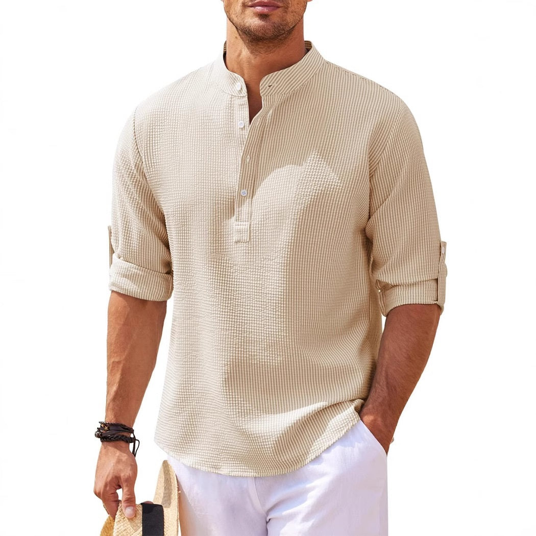 Men's Breathable Cotton Waffle Henley Long Sleeve Shirt