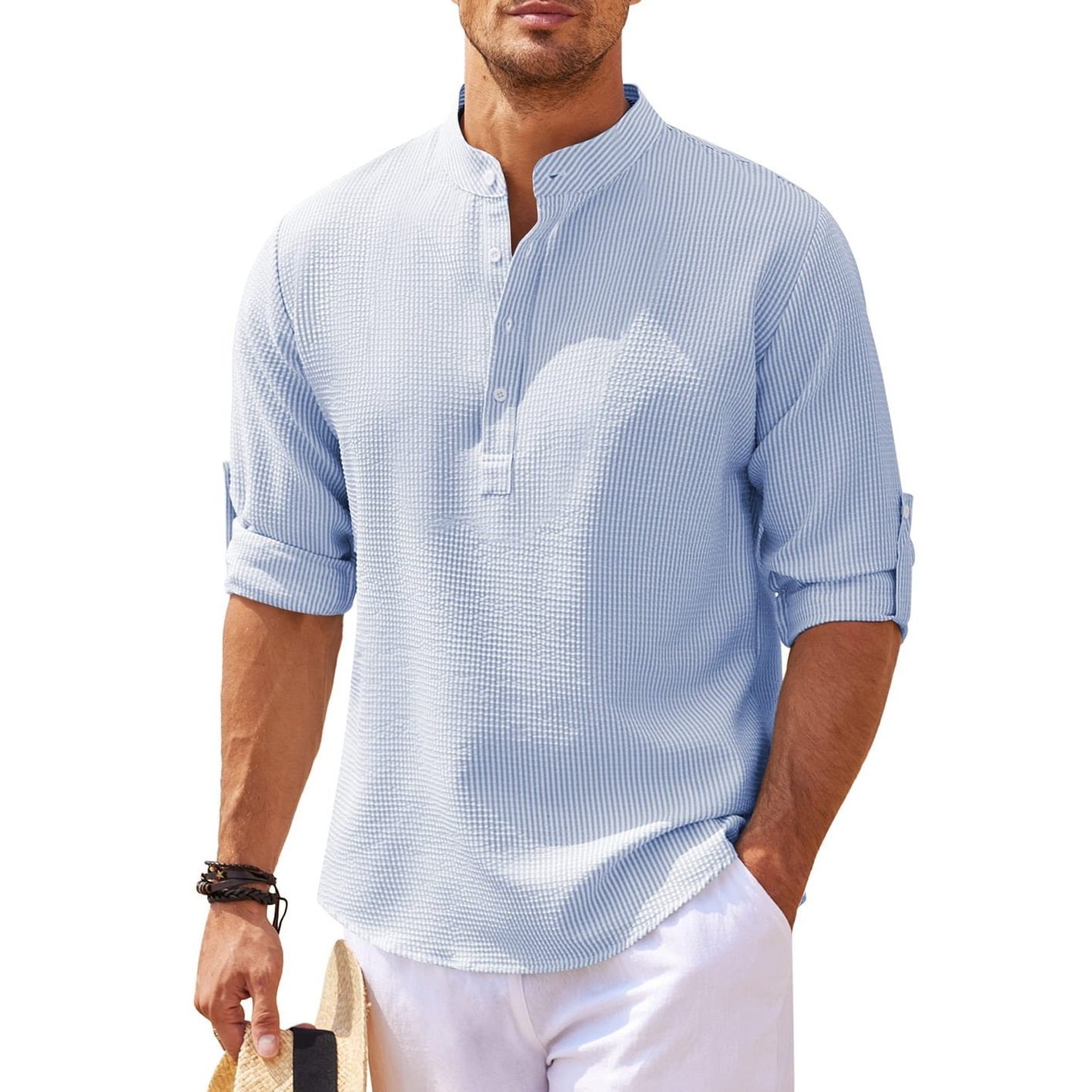 Men's Breathable Cotton Waffle Henley Long Sleeve Shirt