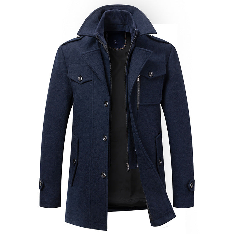 Men's Thick Double-Layer Collar Wool Blend Coat
