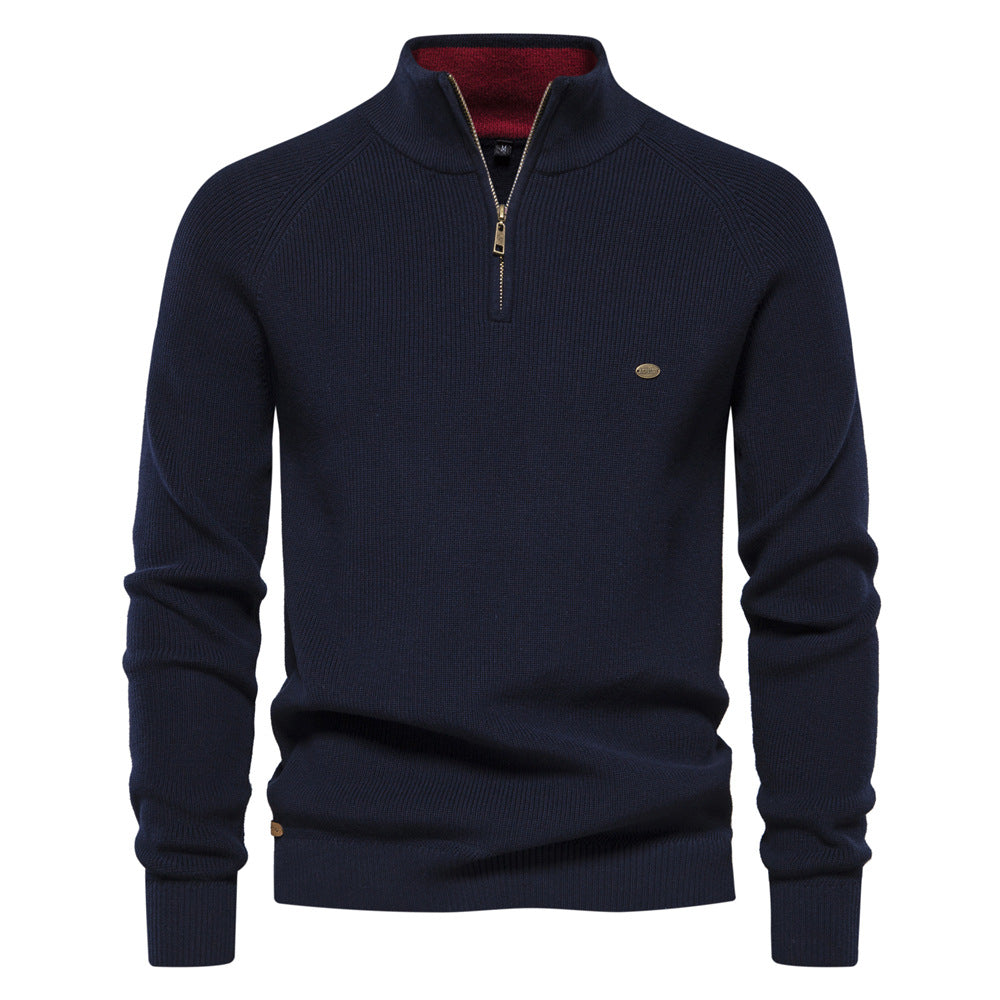 Men's Stand Collar Solid Color Knitted Pullover Sweater