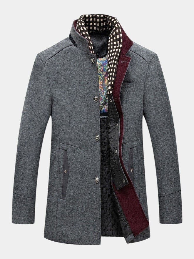 Urban Stand Collar Wool Coat With Detachable Scarf