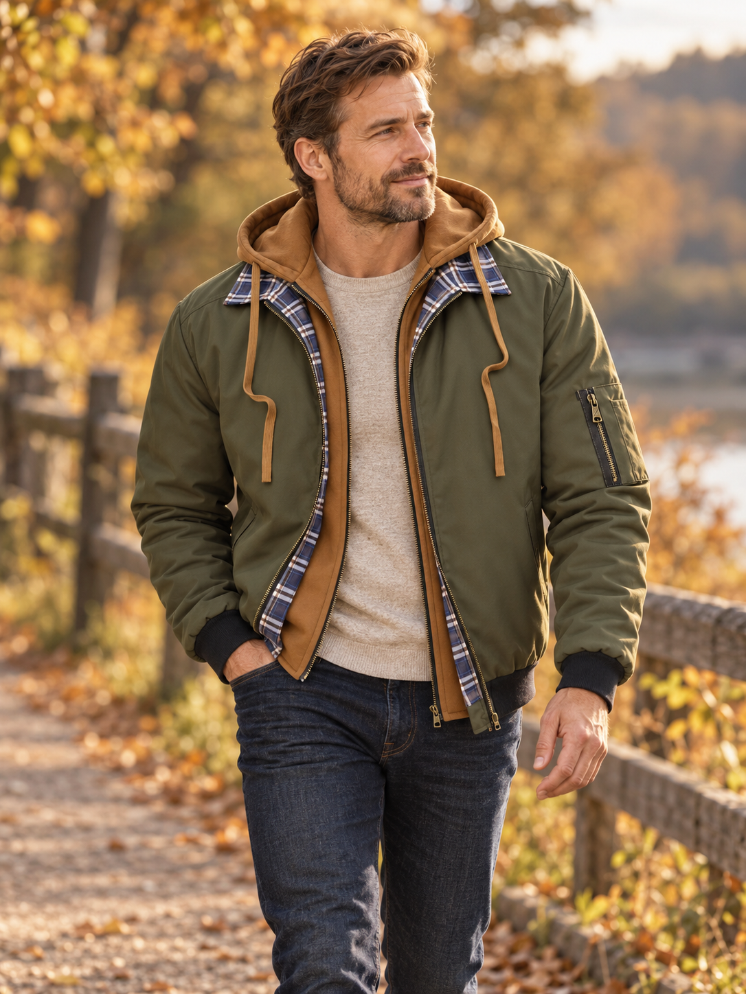 Vintage Layered Hooded Bomber Jacket
