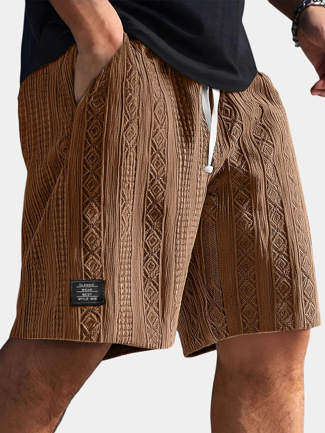 Textured Jacquard Drawstring Casual Shorts