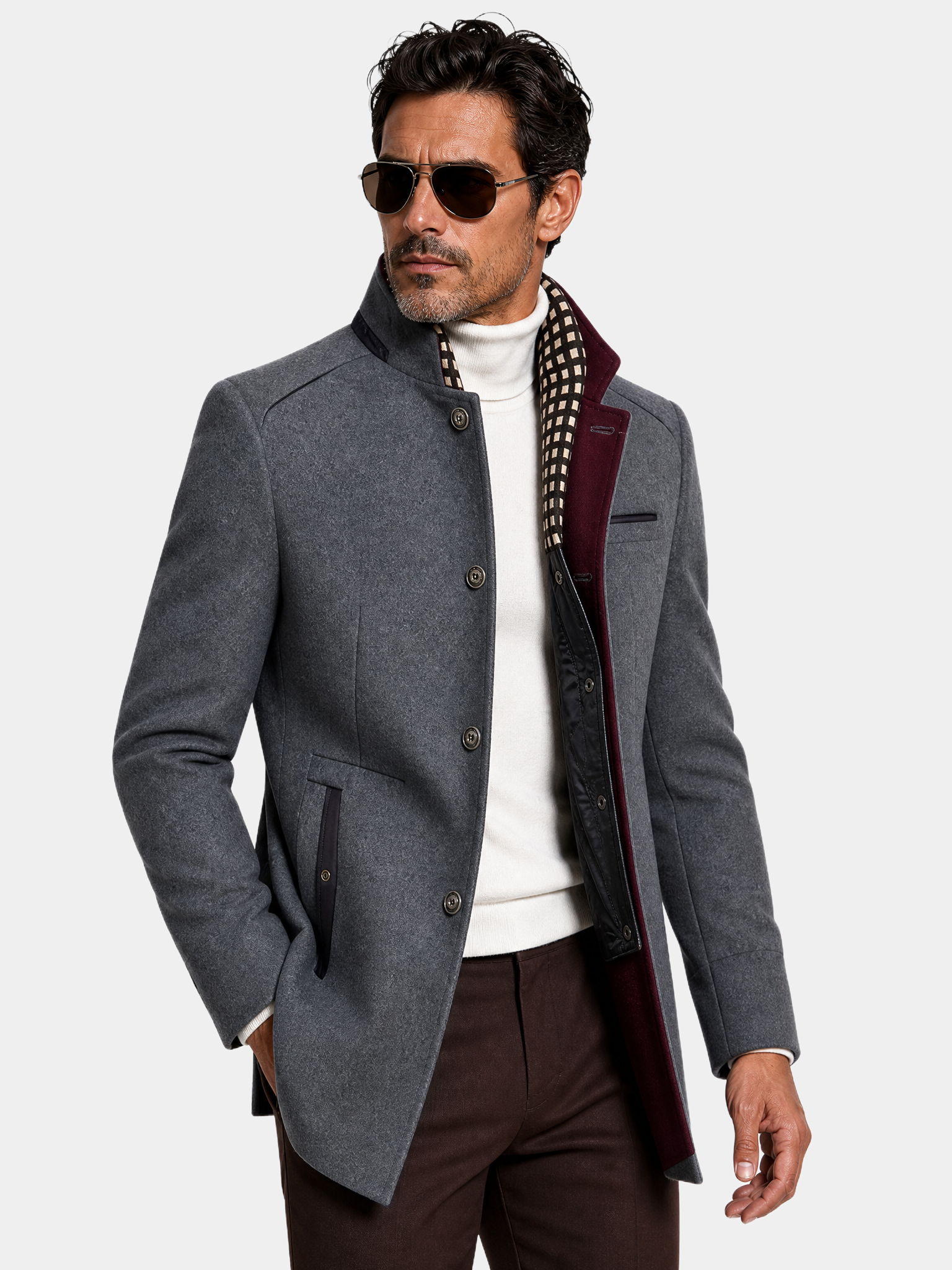 Urban Stand Collar Wool Coat With Detachable Scarf