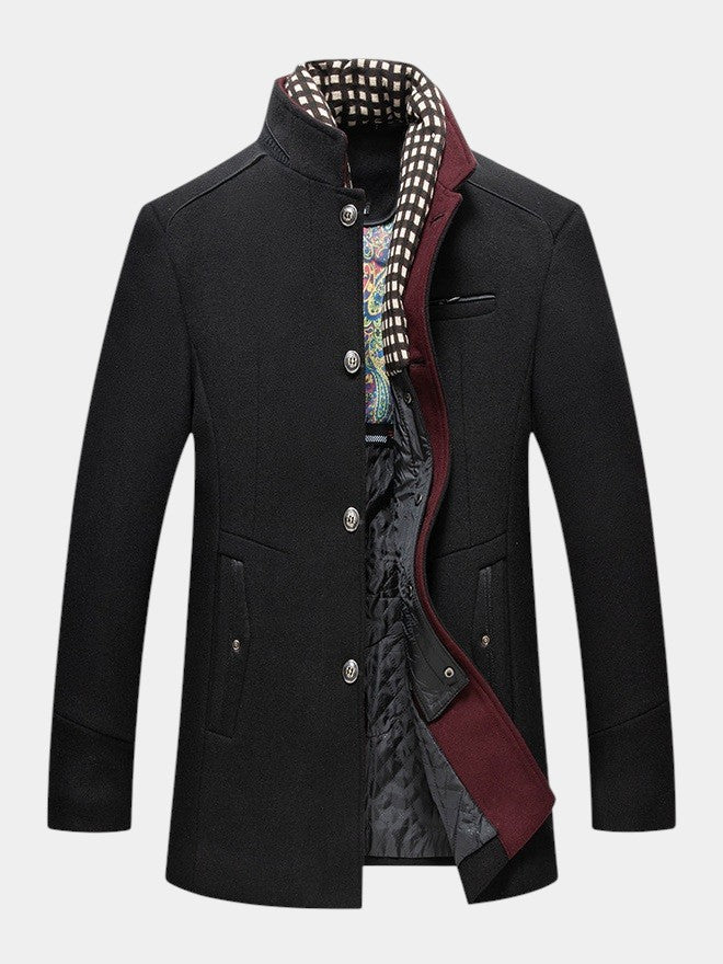 Urban Stand Collar Wool Coat With Detachable Scarf