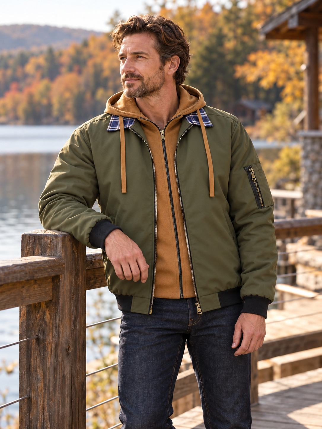 Vintage Layered Hooded Bomber Jacket