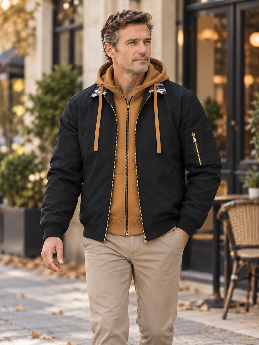 Vintage Layered Hooded Bomber Jacket