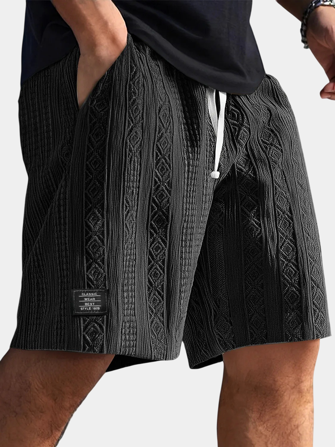Textured Jacquard Drawstring Casual Shorts