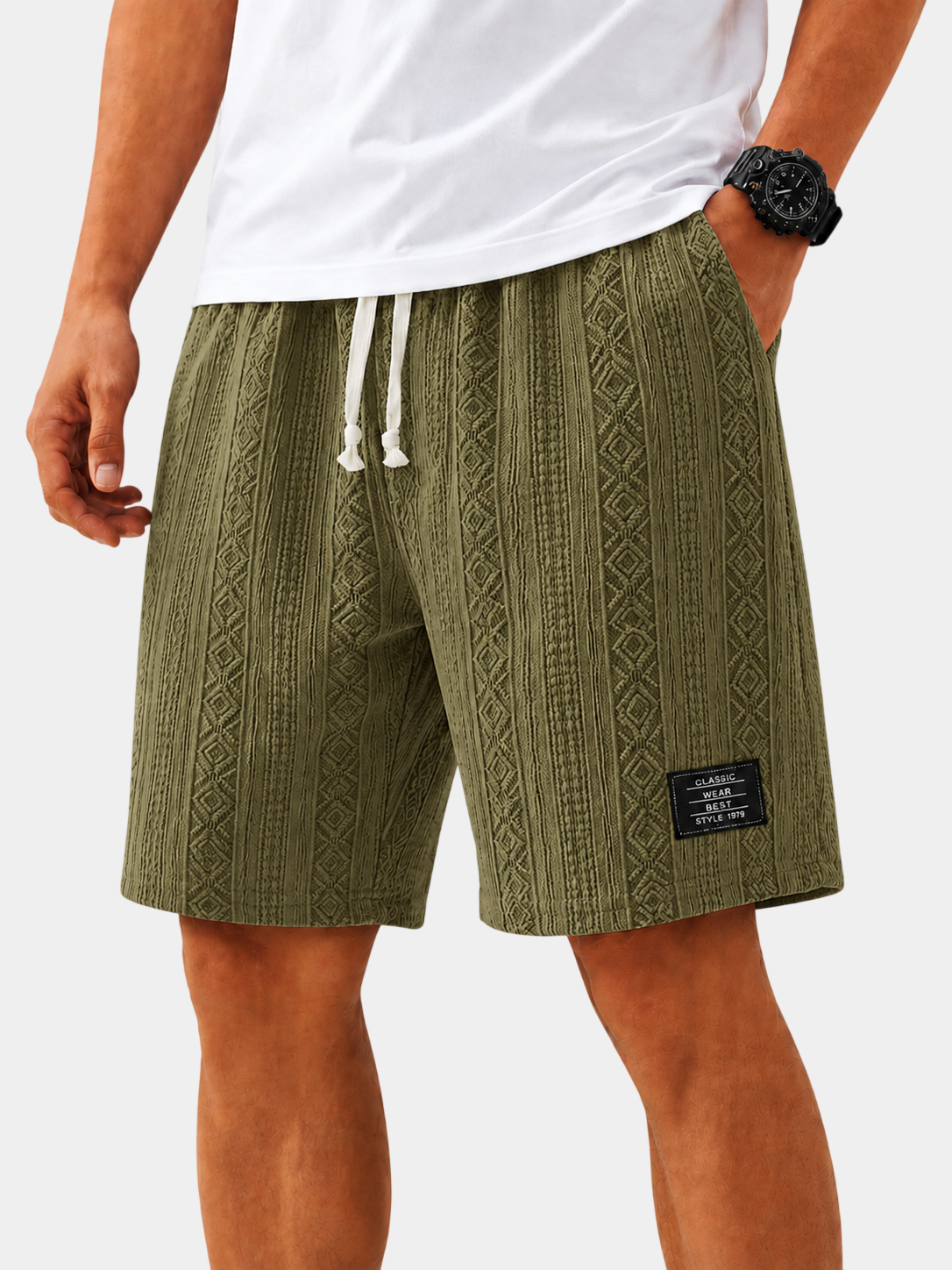 Textured Jacquard Drawstring Casual Shorts
