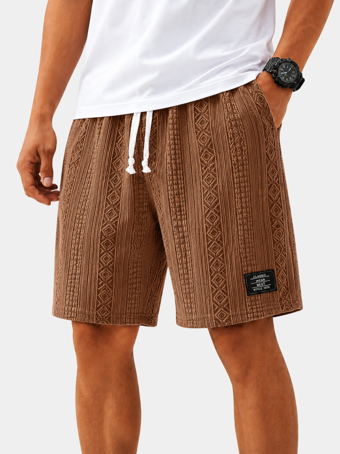 Textured Jacquard Drawstring Casual Shorts