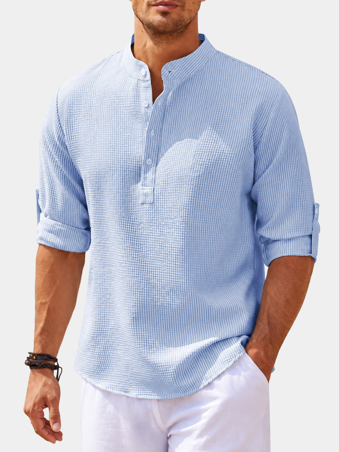 Pineapple-Textured Cotton Blend Stand Collar Shirt