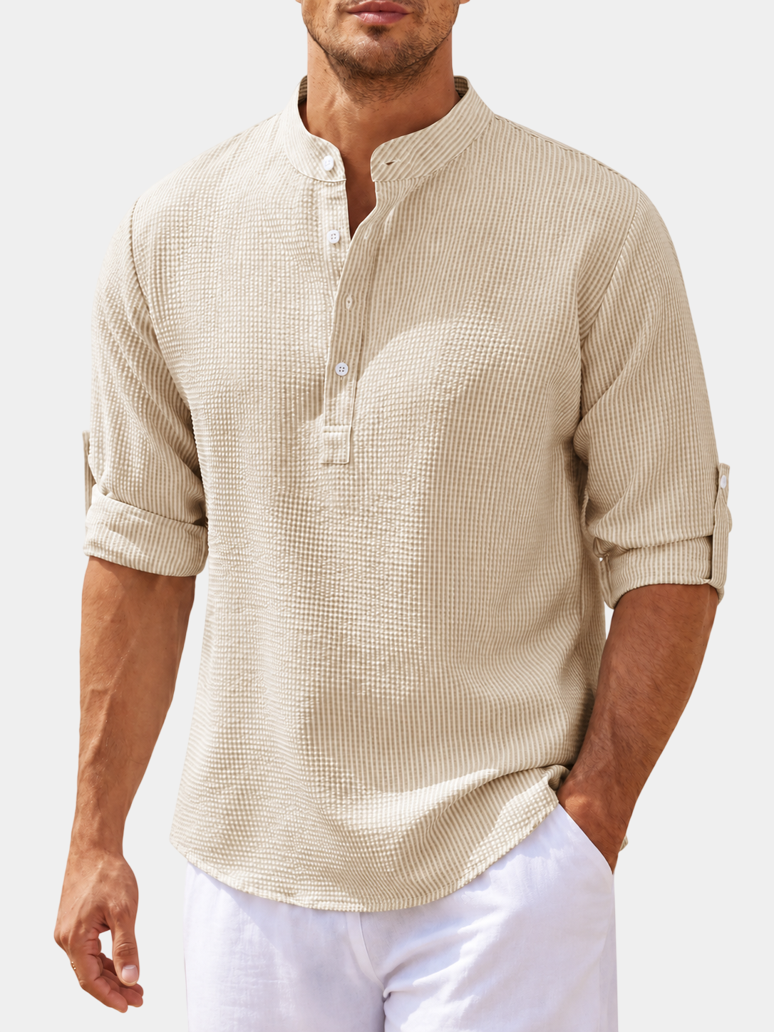 Pineapple-Textured Cotton Blend Stand Collar Shirt