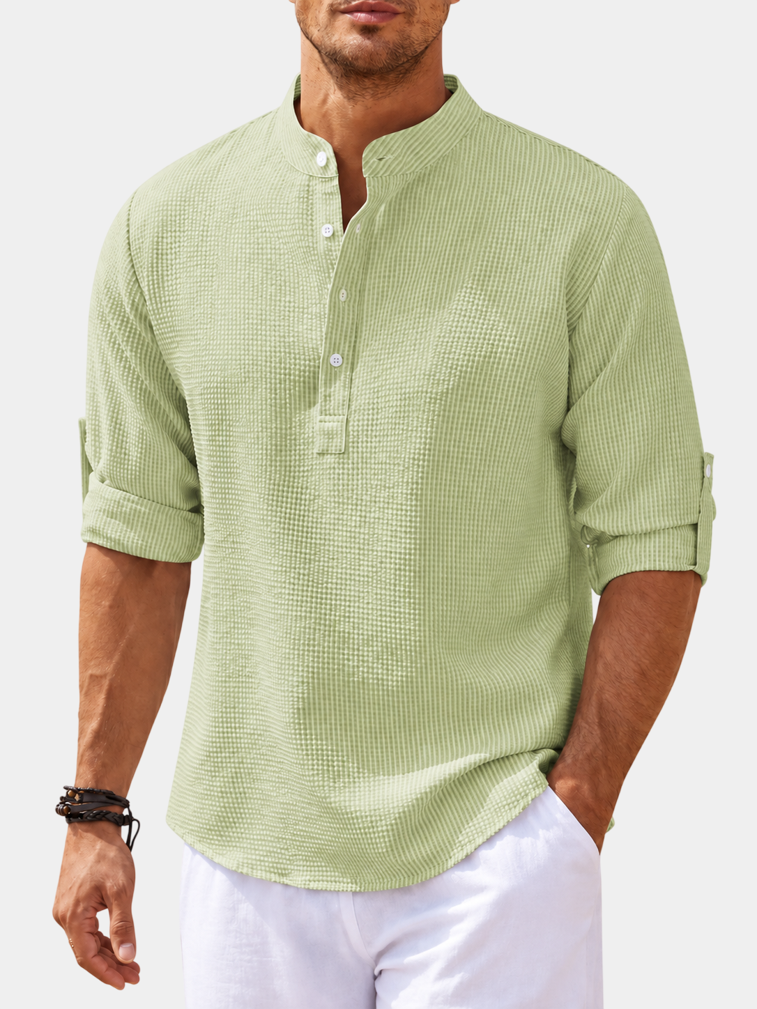 Pineapple-Textured Cotton Blend Stand Collar Shirt